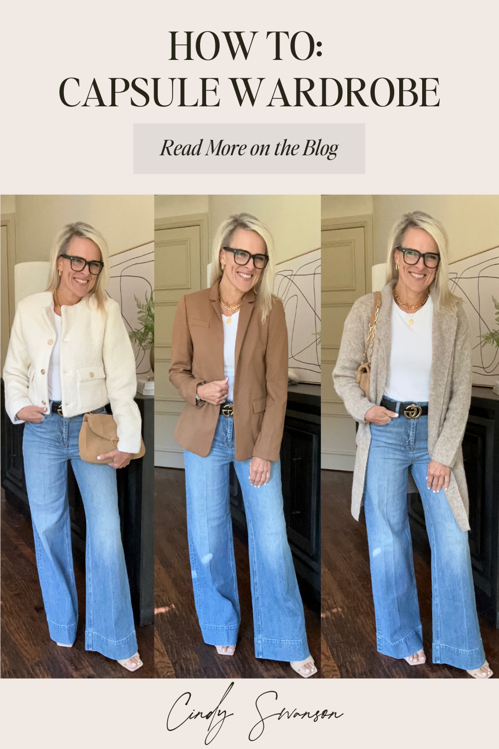 capsule wardrobe, how to, cindy swanson, neutrals, capsule closet, outfit options, blazer, fall outfit, winter outfit